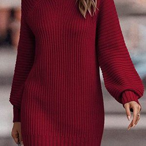 Lillusory Mock Neck Ribbed Knit Sweater Dress in Wine Red, Size Medium